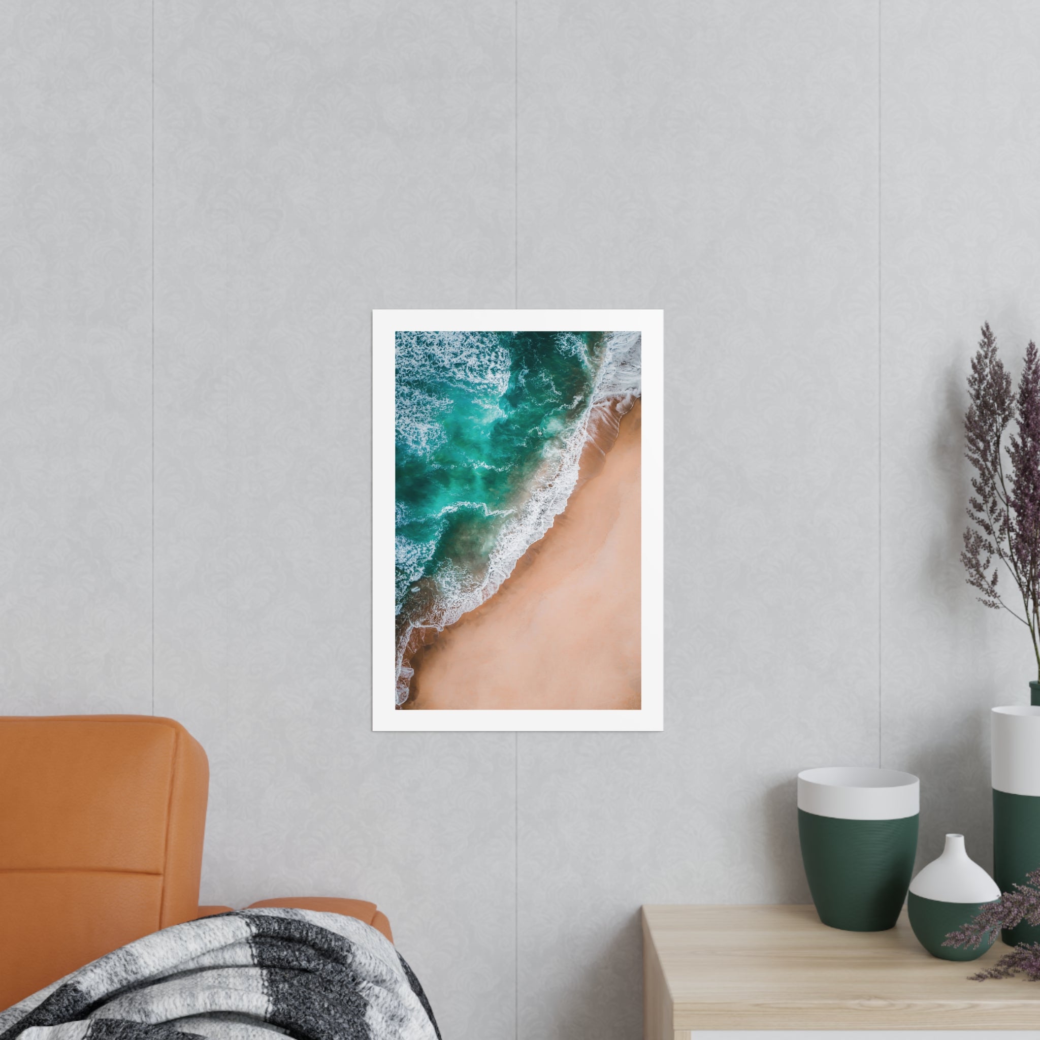 Ocean Beach Photopaper Poster — Aerial Teal Waves Wall Art